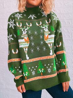 Classy Sweater, Reindeer Christmas Sweater, Snowflake Christmas Tree, Snowflake Christmas, Drop Shoulder Sweaters, Knitted Pullover Sweaters, Belleza Natural, Green Sweater, Basic Style