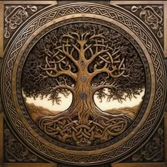 the tree of life is depicted in this intricately designed metal plaque, which features celtic symbols