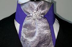 "Add a little purple rain to your outfit! Pre-tied dressage tie with velcro closure.  Handcrafted, sturdy show tie to express yourself!   This tie made to order, silver pins may vary. Sizing options available for child, standard, large.* Need something custom?  Maybe I can help, just ask! *Child, 15\" collar (12-13\" neck) *Standard, 17\" collar (14-15\" neck) *Large, 19\" collar (16-17\" neck)" Silver Party Tie, Dressage Stock Tie, Equestrian Dressage, Stock Tie, Antique Pins, Tie For Women, Brown Tweed, Gold Pin, Handmade Gift Wrap