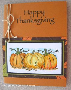 a card with three pumpkins on it and the words happy thanksgiving written in black