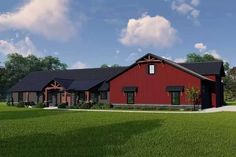 an artist's rendering of a red barn style home