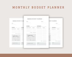 three sheets of paper with the words,'month budget planner'in red and white