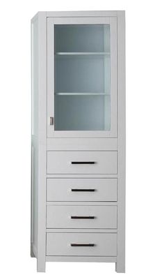 a white cabinet with glass doors and drawers on the bottom, in front of a white background