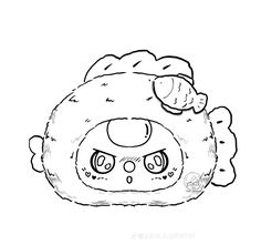 a black and white drawing of a monster with big eyes, nose and head in the middle