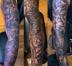 three different views of the same arm with tattoos on them