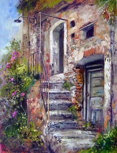 a painting of an old house with stairs and flowers