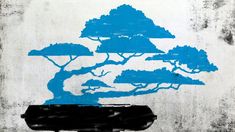 a bonsai tree painted on the side of a building with blue sky and clouds