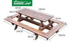 a wooden picnic table with measurements for it