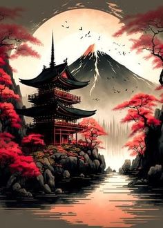 Displate is a one-of-a-kind metal poster designed to capture your unique passions. Sturdy, magnet mounted, and durable – not to mention easy on the eyes! Village Architecture, Minimalist Anime, Japanese Village, Japanese Pagoda, Samurai Artwork, Chinese Art Painting, Japanese Art Prints, Cherry Blossom Art, Japanese Artwork