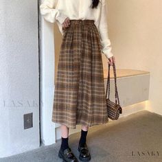 Lasaky - Brown Checkered Pleated Midi Skirt with High Waist and Large Hem Umbrella Style Warm Skirts, Fashion Umbrella, Umbrella Skirt, Plaid Pleated Skirt, Pleated Long Skirt, Skirts Midi High Waisted, Long Skirts For Women, Elegant Skirt, Skirt Long