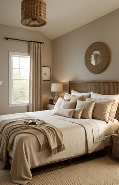 a bedroom with a large bed and wicker lamps on either side of the window