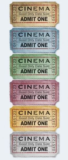 four different colored movie tickets stacked on top of each other with the words cinema written across them