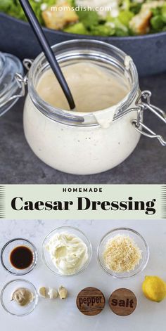 homemade caesar dressing recipe with ingredients in bowls