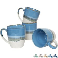 three blue and white coffee mugs sitting next to each other on a white background