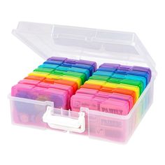 a plastic storage box filled with lots of different colors