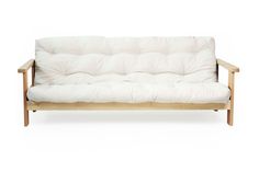 a white futon couch sitting on top of a wooden frame