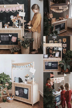 Collage of different play scenes with a rattan market stall and kids: flower market, pumpkin stand, pretend art museum, bunny bakery, and Christmas bakery. Playroom Corner, Hot Chocolate Stand, Pumpkin Stand, Pumpkin Stands, Market Stall, Flower Stand, Market Stalls