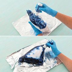 two pictures of someone using blue gloves to paint a fish on aluminum foil with white and black dye