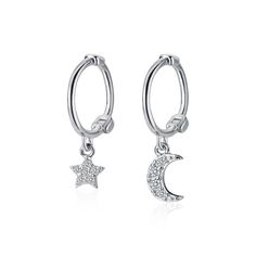 A Pair Of Asymmetry Moon Crescent And Star Dangle Huggies Earrings Description: Metal: The Earrings Are Made From Solid 925 Sterling Silver, Finest Silver, Nickel Free Measurement: - Hoop Outer Diameter 10mm/0.4"; Earring Closure: Hinged-Hoop Color: Silver, ...................................................... This Items Arrive In A Jewelry Pouch. Adjustable Moon Charm Earrings, Elegant Huggie Earrings With Moon Charm, Silver Moon Cartilage Earring, Celestial Silver Earrings With Dangling Charms, Silver Celestial Earrings With Dangling Charms, Silver Moon-shaped Single Cartilage Earring, Moon Charm Huggie Earrings, Moon-shaped Sterling Silver Earrings, Silver Celestial Huggie Earrings