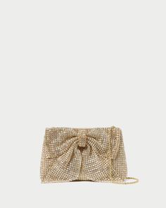 Shop the Jolene Gold Diamanté Bow Clutch at Loefflerrandall.com Pearl Fabric, Sparkly Purse, Bow Clutch, Bow Bag, Gold Clutch, Bow Heels, Mini Bows, Cute Purses, Letter Charms