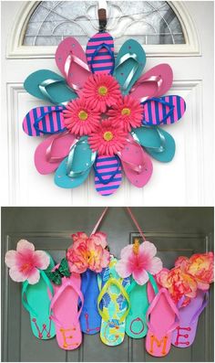 two pictures of flip flops and flowers hanging on the front door, one is decorated with flip flops