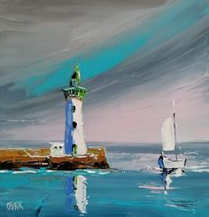 a painting of a lighthouse and sailboat in the ocean