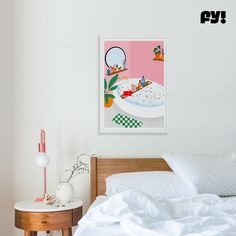 a bed with white sheets and pillows next to a painting on the wall above it