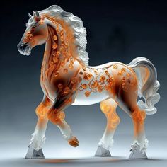 an orange and white toy horse on a gray background with light effects in the foreground