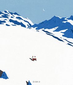 two skiers are skiing down a snowy mountain slope with the moon in the sky