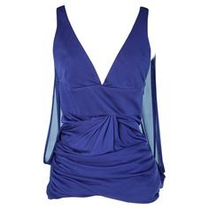 Blue draped rayon tank top Elegant Blue V-neck Tank Top, Draped Evening Tops For Summer, Drapey Party Top, Draped Tops For Summer Evenings, Summer Evening Draped Tops, Ruched Tank Top For Night Out, Blue V-neck Tank Top For Night Out, Summer Evening Ruched Blouse, Sleeveless Ruched Top For Evening