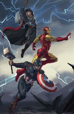 the avengers and captain america characters are flying through the air with lightning in the background