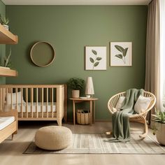 a baby's room with green walls and furniture