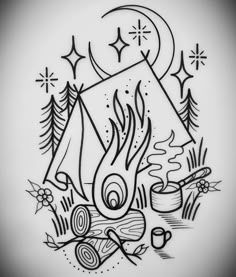 a drawing of a campfire with the moon and stars above it, in black ink