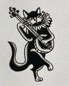 a black and white drawing of a cat playing a guitar with its tail curled up