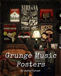 an image of grunge music posters on the wall behind a chair and table