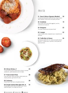 a menu with different types of food and drinks on the front page, including pasta