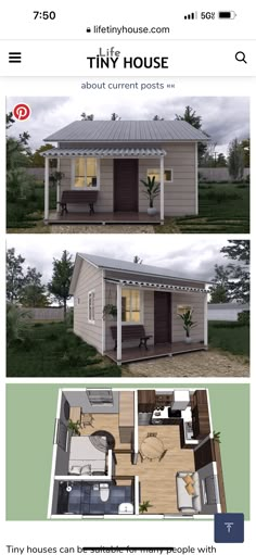 the tiny house is shown in three different views