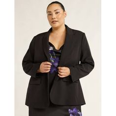 The blazeronce reserved for business, now for every day. Scoops Ultimate ScubaKnit Blazer is crafted with a single button front for a fashionable look thats professional from desk to dinner. Available in this seasons hottest colors, this blazer can be worn over your favorite work dress for a cute look at the office, with a cute top and heels for a night out, or with jeans for a more casual look. This blazer is the ultimate style staple for your closet. Only at Walmart. Size: 1X.  Color: Black.  Gender: female.  Age Group: adult. Business Casual Blazer, Fitted Blazer Jacket, Crepe Blazer, Plus Size Blazer, Open Front Blazer, Womens Business Casual, Plus Size Coats, Fitted Blazer, Casual Blazer