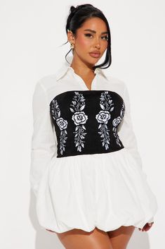 Anika Mini Bubble Shirt Dress - White/Black | Fashion Nova Bubble Hem Dress, Bubble Shirt, Corset Waist, Dress Collar, Bubble Hem, White Shirt Dress, Collar Dress, Black Mini, Dress White