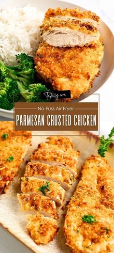 chicken parmesan crusted chicken on a plate with rice and broccoli