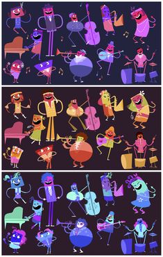 cartoon characters with different poses and colors