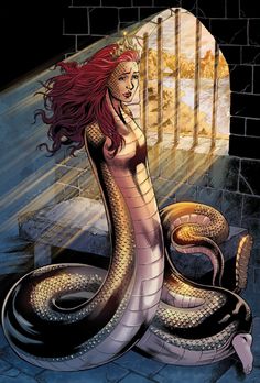 a woman with long red hair sitting on top of a bed next to a snake