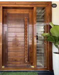 a large wooden door with glass panels on the front and side doors, along with a potted plant