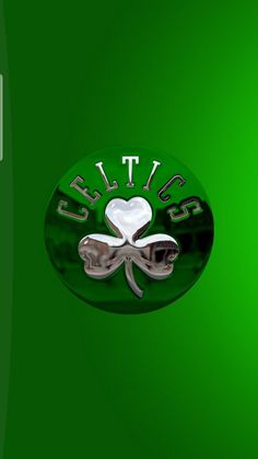 the boston celtic logo is shown on a green background with silver lettering and a shamrock