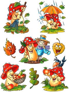 cartoon characters with umbrellas and mushrooms in the rain, one is holding an umbrella