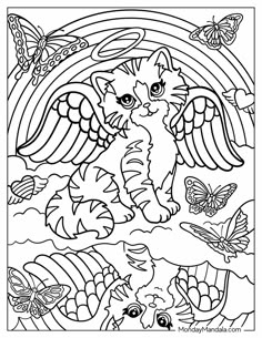 a coloring page with an image of a cat surrounded by butterflies and rainbows in the background