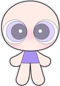 an image of a cartoon character with big eyes and purple dress, standing in front of a white background