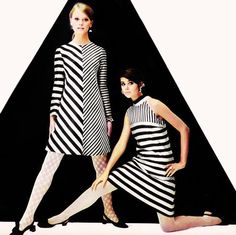 Colleen Corby and Shelley Hack strike a pose Black And White Dresses, Striped Dresses, 1960 Fashion, 60s And 70s Fashion, 60 Fashion