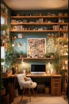 a home office with lots of plants and lights on the shelves above the computer desk