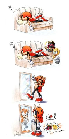 two pictures of the same person sleeping on a couch and another cartoon character laying down